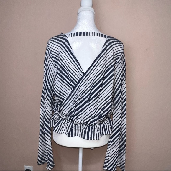 Express Striped Peplum Top Long Bell Sleeves Faux Wrap Back Deep V-neck Small - Picture 3 of 8